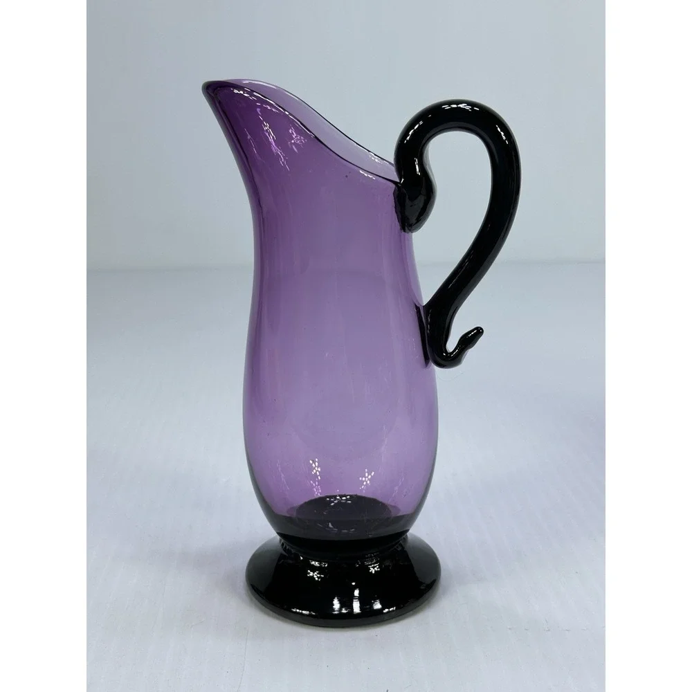 Vintage Purpla Amethyst Art Glass Footed Pitcher Vase Applied Handle Signed 6.5